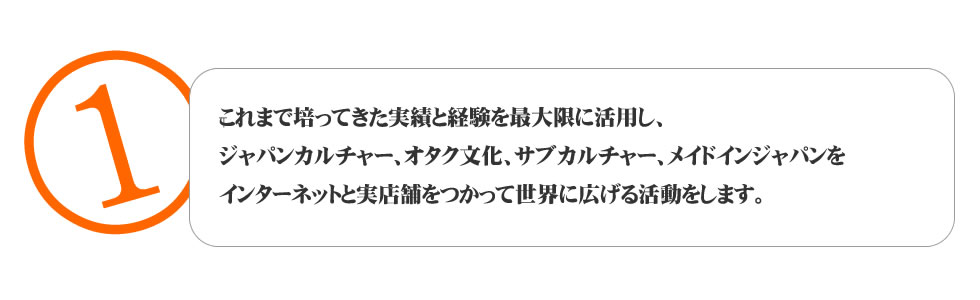 
１．これまで培ってきた実績と経験を最大限に活用し、 
ジャパンカルチャー、オタク文化、サブカルチャー、メイドインジャパンを 
インターネットと実店舗をつかって世界に広げる活動をします。
