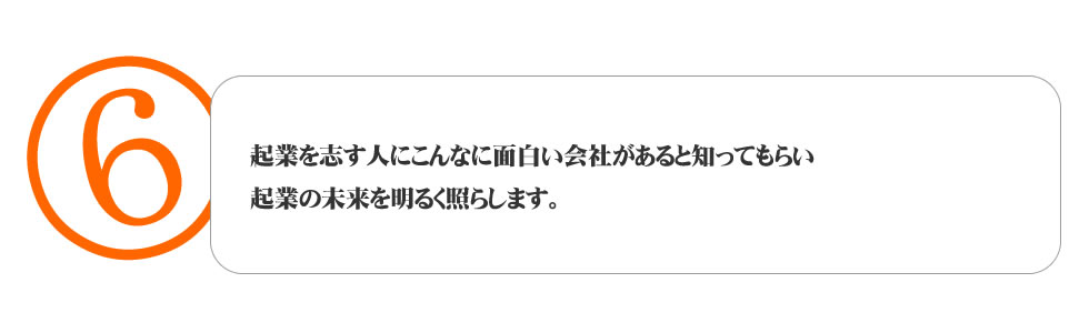 
６．起業を志す人にこんなに面白い会社があると知ってもらい起業の未来を明るく照らします。
